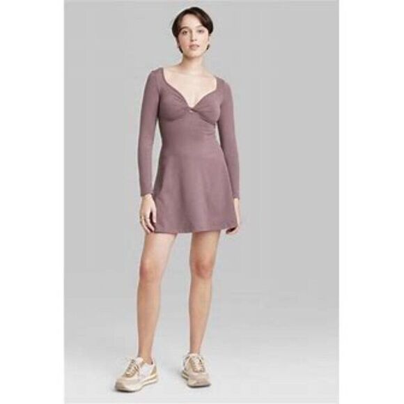 Women's Long Sleeve Twist-Front Mini Knit Skater Dress - Wild Fable Chestnut XXL - Picture 2 of 12